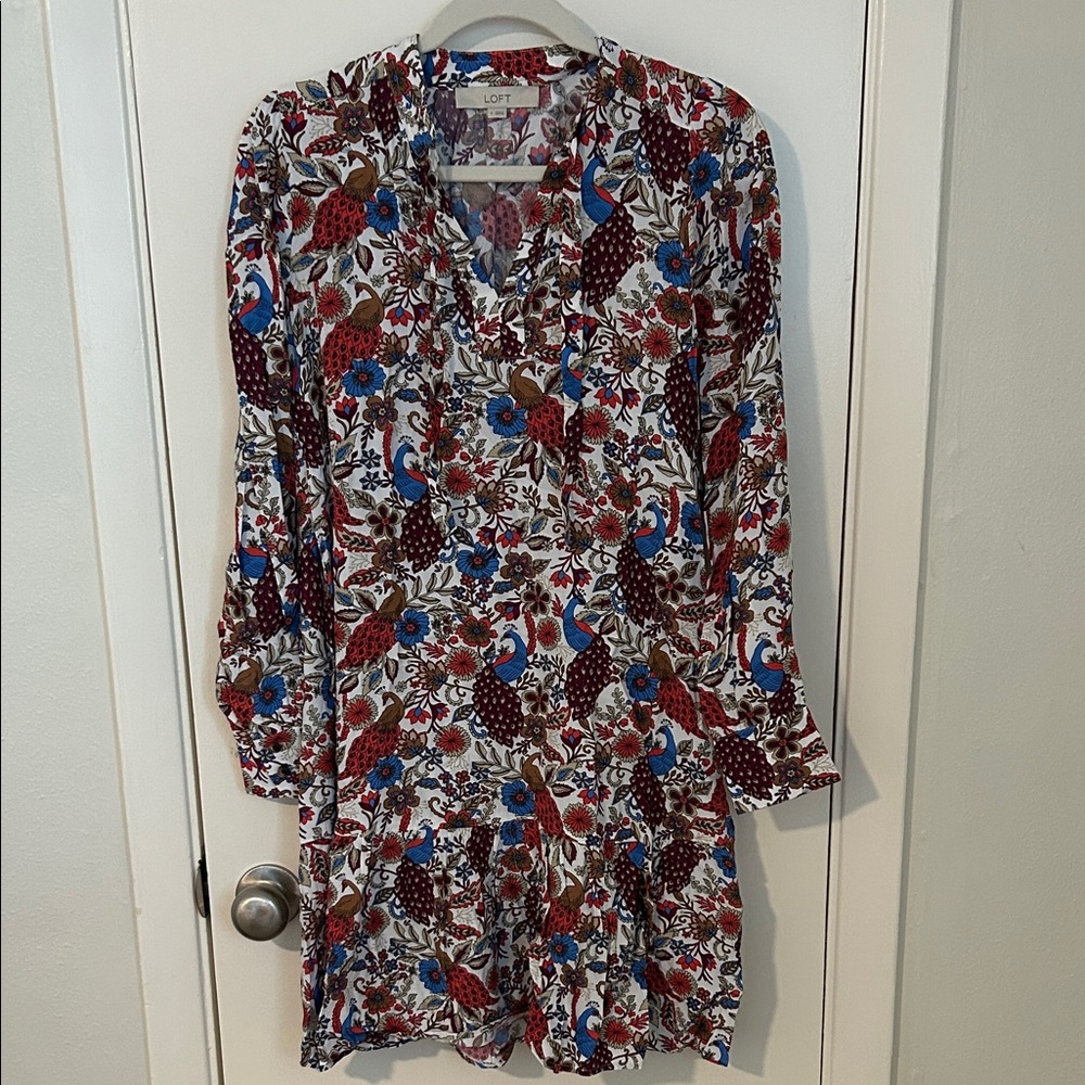 LOFT Floral Long Sleeve Dress in Blue and Red